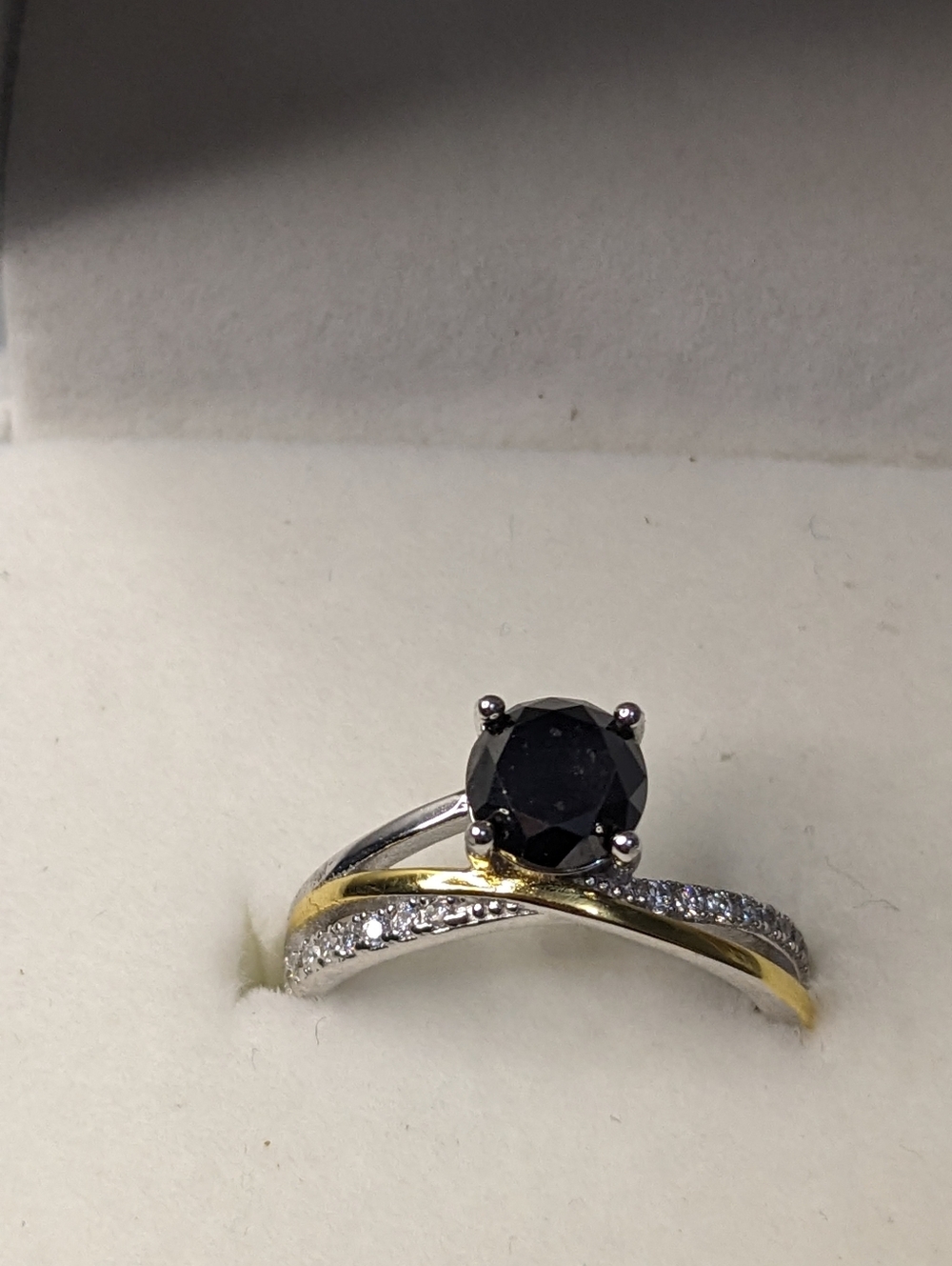 New Black Diamond Gemstone Ring Sterling Silver Two Tone Design 1.26 Ct Size 5.5